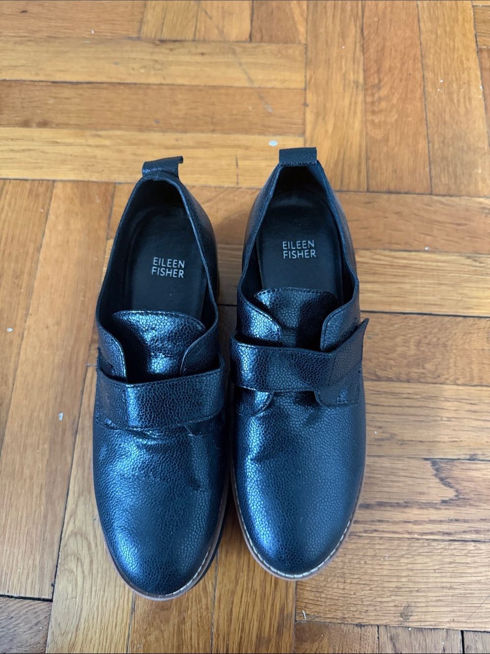 Eileen Fisher Black Textured Leather Slip-On wedge Loafers
